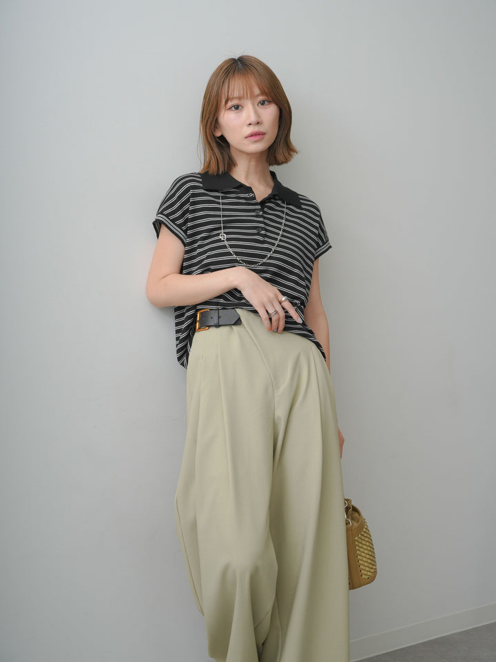 [SET]ポロニットボーダートップス+アシンメトリーベルトタックワイドパンツ(2set)