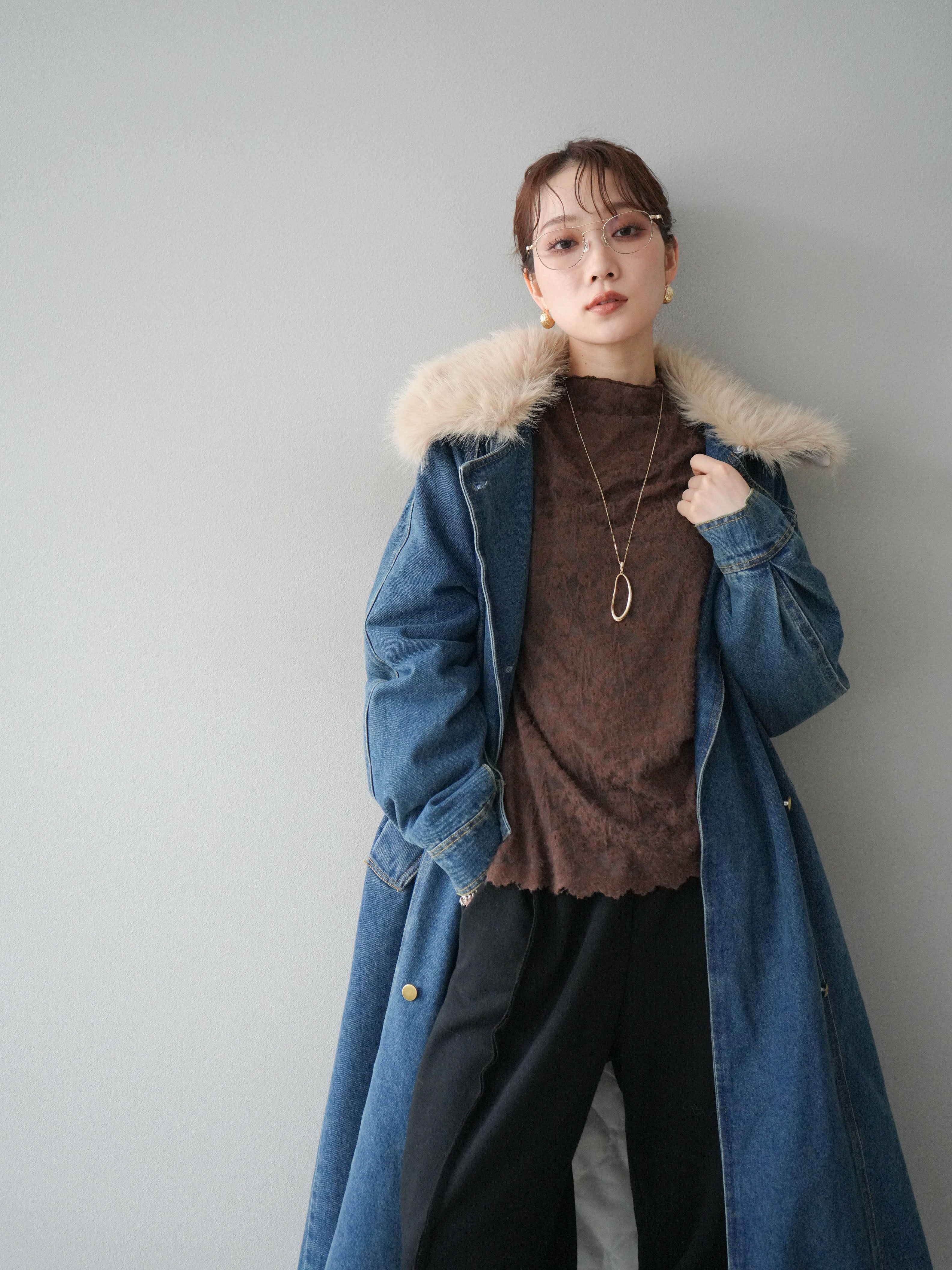 予約]ファー襟デニムロングコート/blue – Lumier