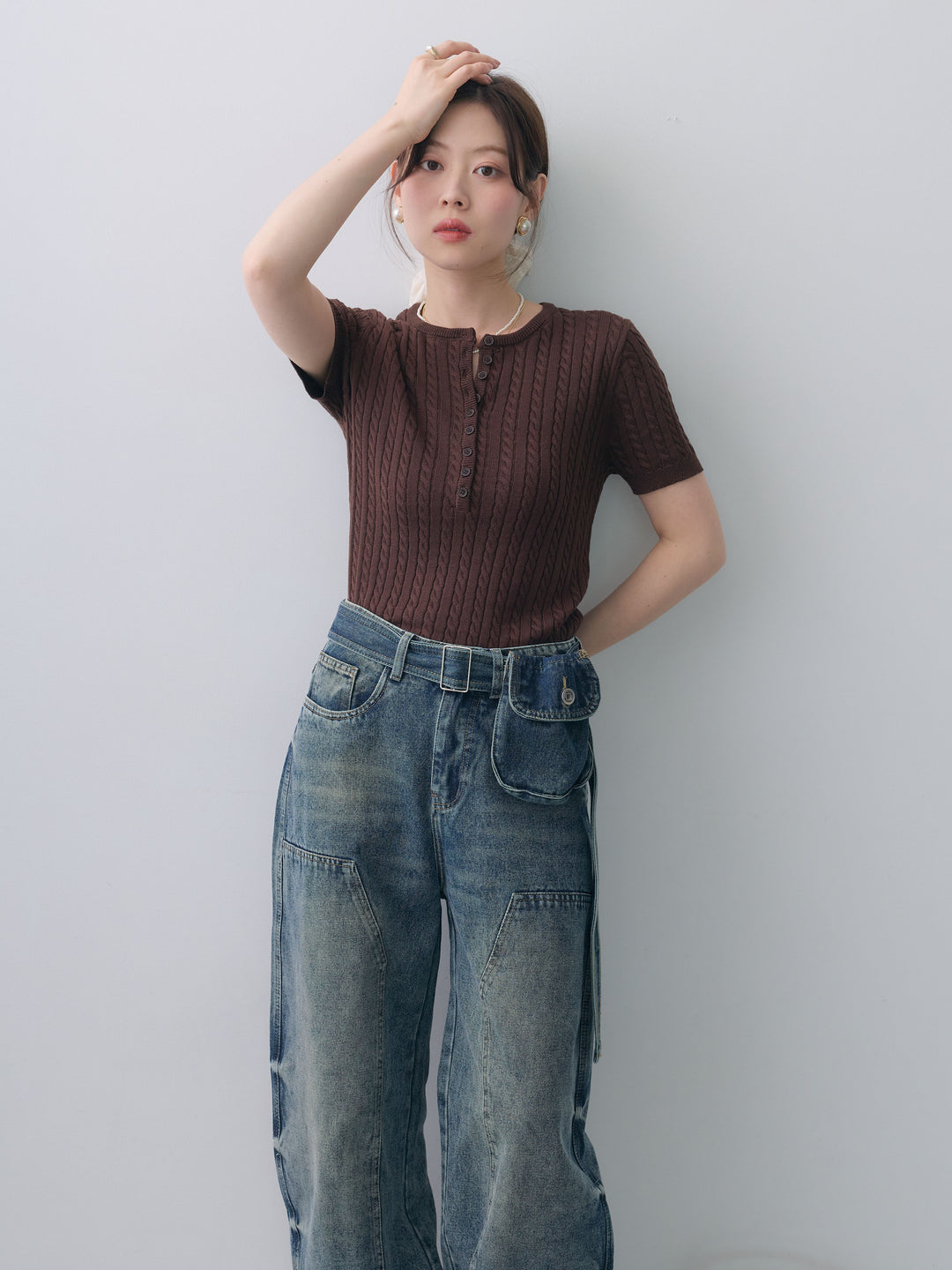 [予約]ヘンリーケーブルハーフニットトップス/brown