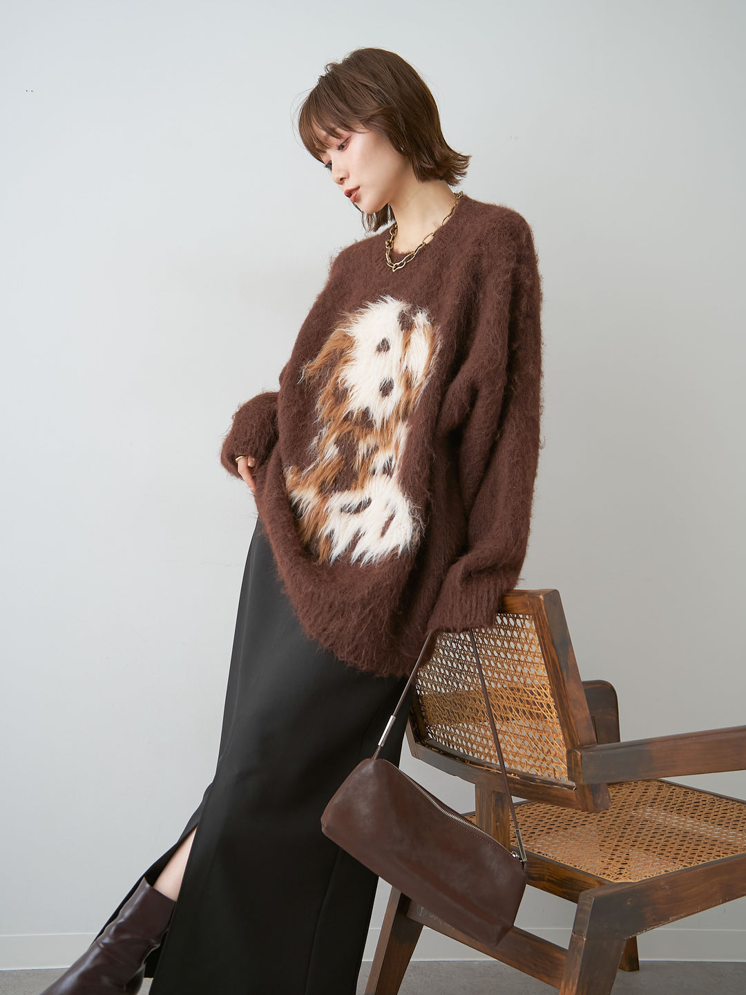 [SET]シャギードッグモチーフニットトップス+クレープデシンフラップ付きストレートスカート(2set)