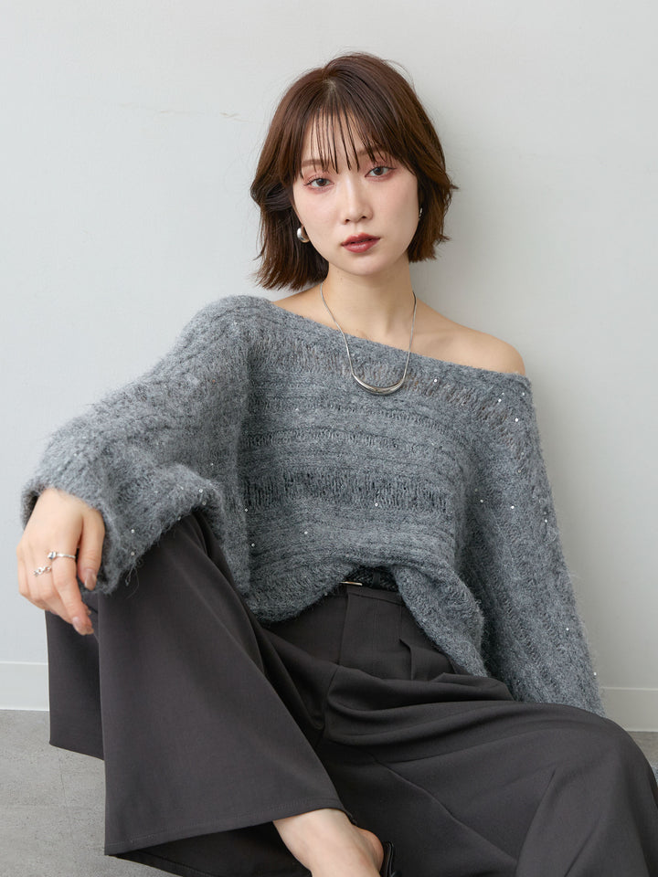 [SET]ミックス透かし編ワイドネックニットトップス+ツイルタックワイドパンツ(2set)