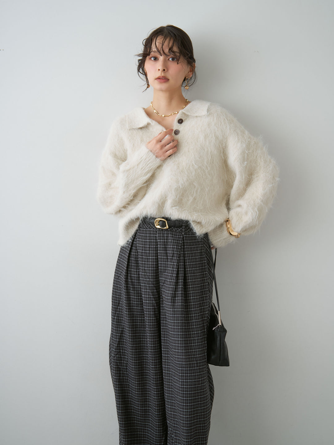 [SET]ヘンリーシャギーニットトップス+チェックタックワイドパンツ(2set)