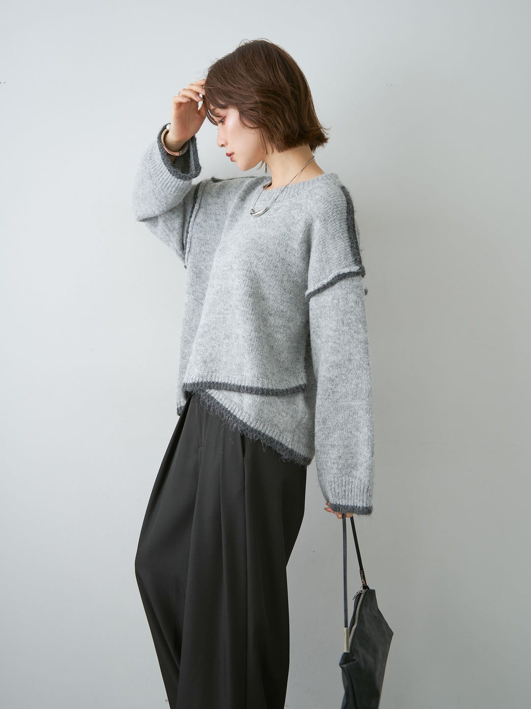 [予約]配色ラインデザインヘムニットプルオーバー/lightgray
