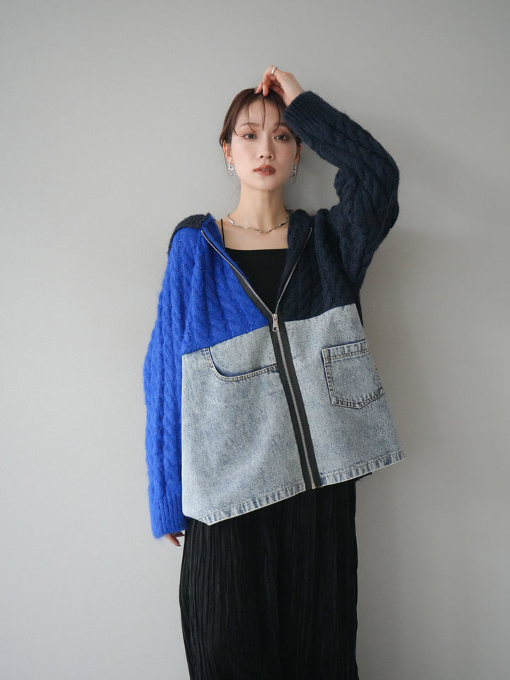 [予約]デニム×バイカラーニットZIPフーディ/blue
