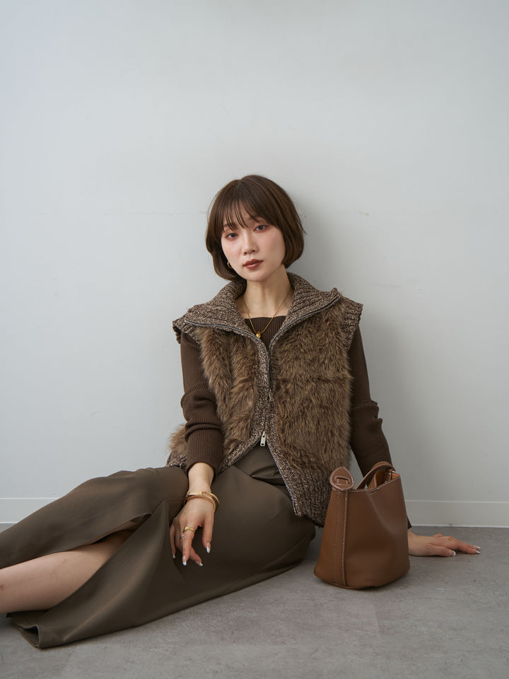 [SET]メランジファーニットベスト+クレープデシンフラップ付きストレートスカート(2set)