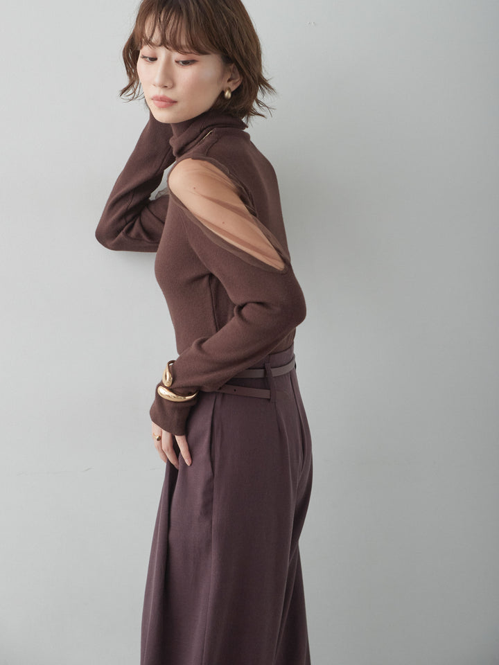 [SET]ショルダーチュールハイネックニットトップス+ツータックドレープストレートパンツ(2set)