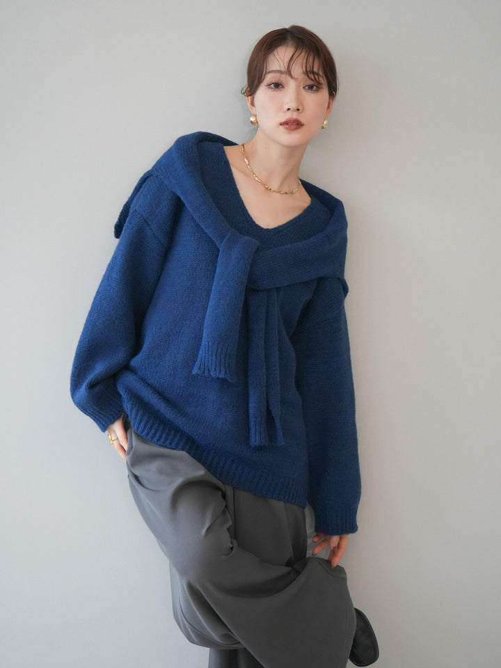 [予約]ストール付きVネックニットプルオーバー/blue