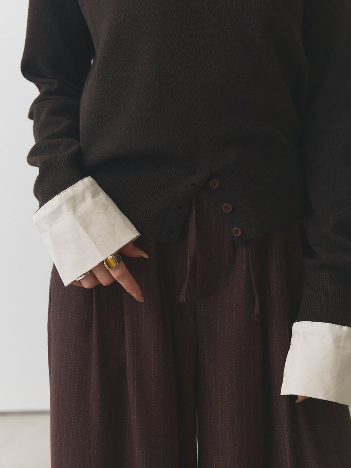 [予約]シャツカフスフロントスリットニットプルオーバー/ブラウン