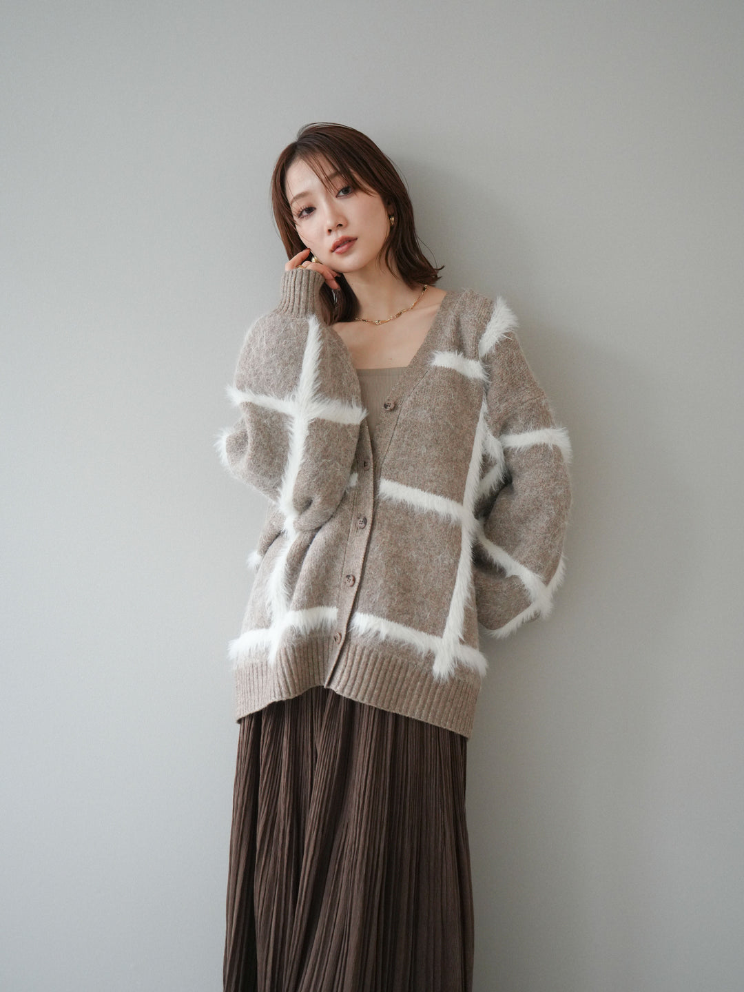 [予約]ミックスシャギーチェックカーディガン/beige