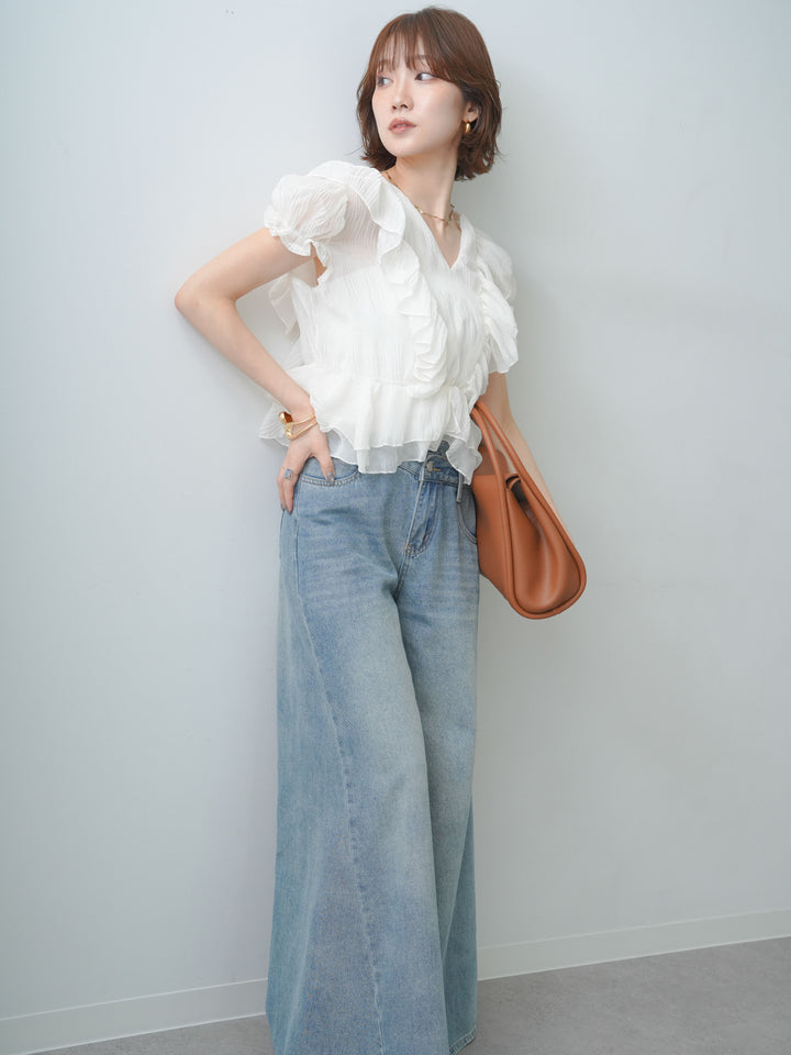 [SET]エアリー楊柳フリルペプラムブラウス+アシンメトリーウエストワイドデニム(2set)