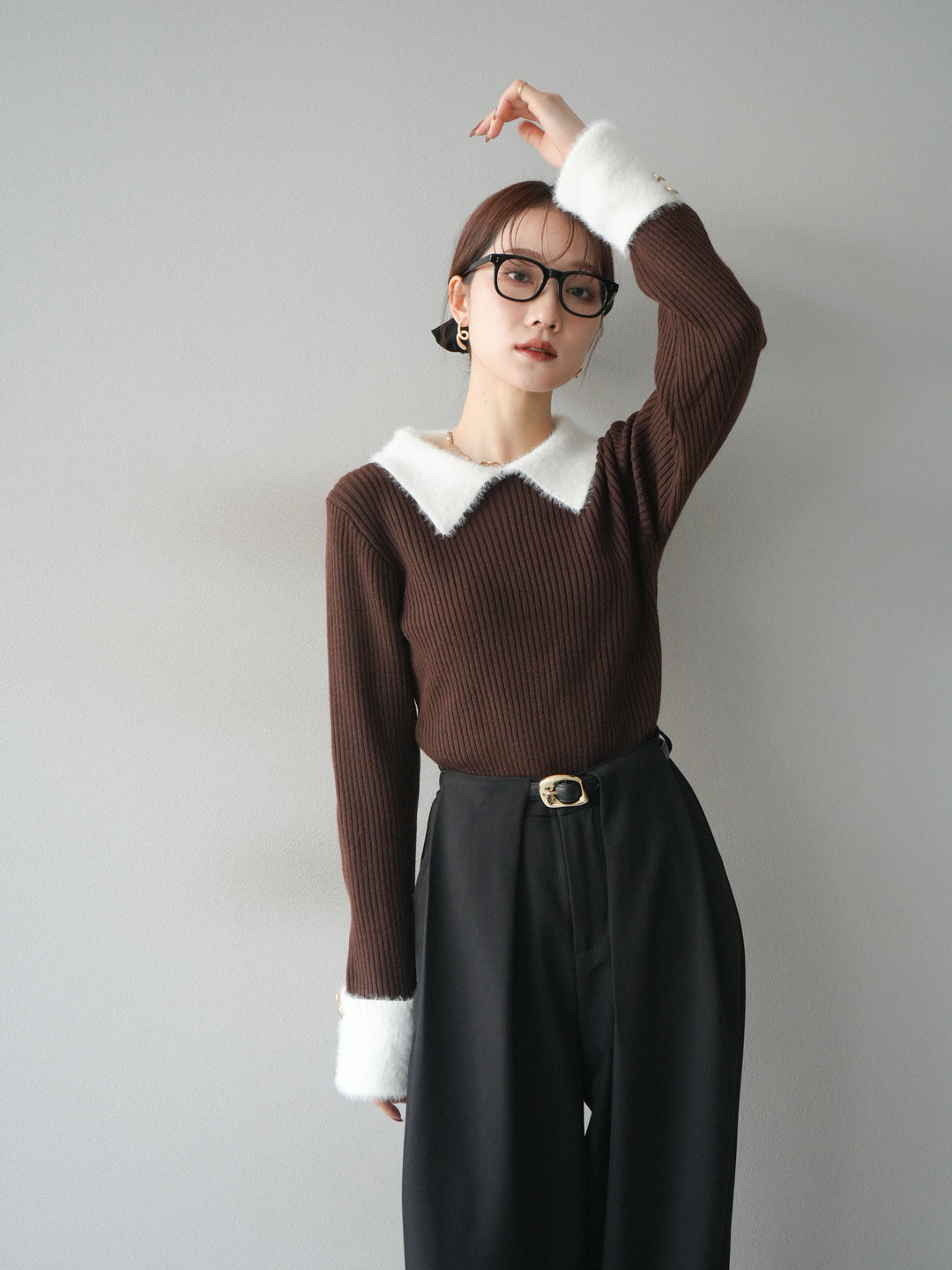 [SET]シャギー襟リブニットトップス+ベルトループデザインワイドパンツ(2set)