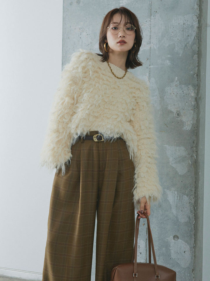 【Allure】[SET]ミックスシャギーループニットプルオーバー+杢チェックタックパンツ(2set)