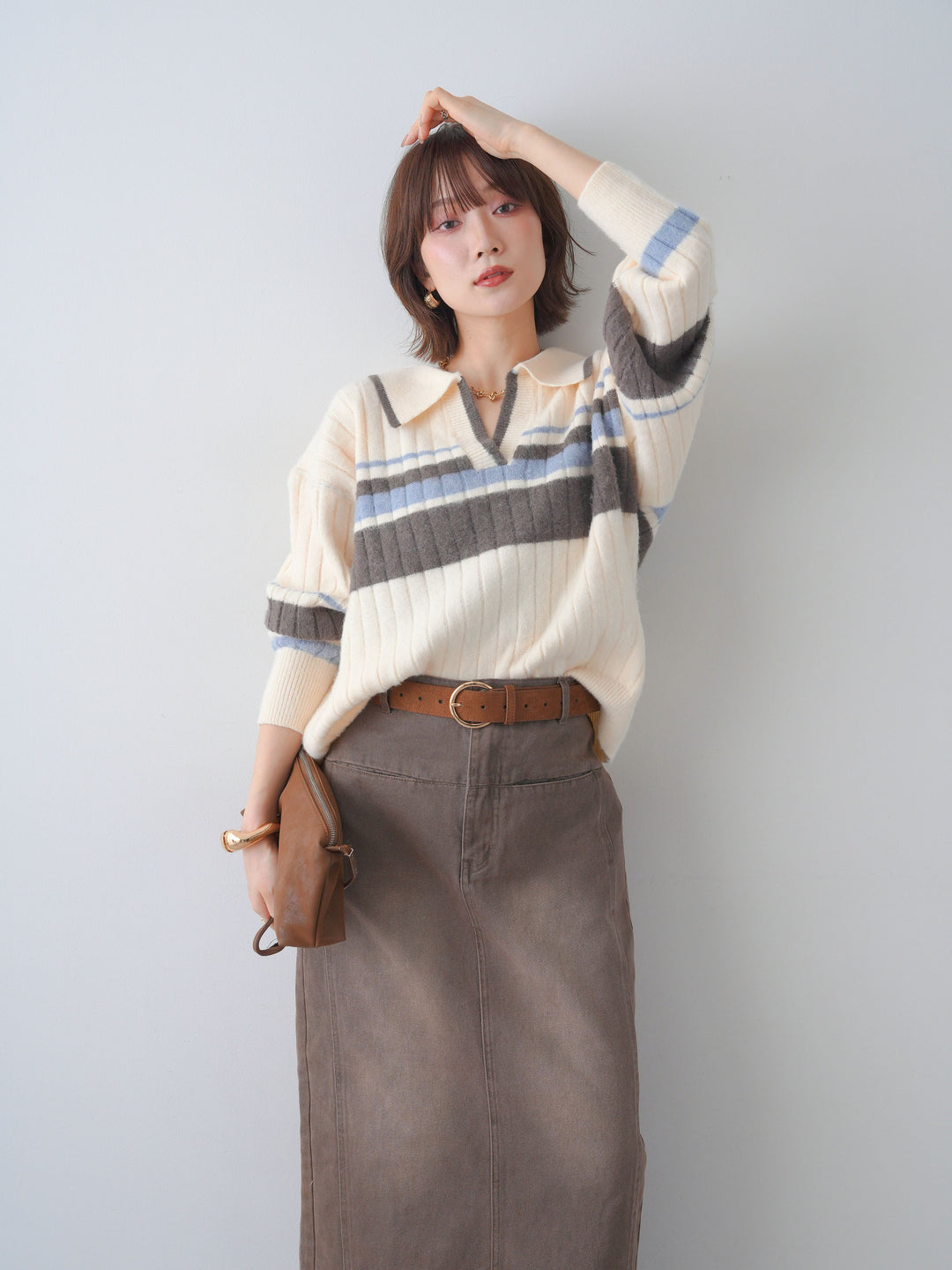 [予約]マルチボーダー起毛スキッパーニットトップス/ivory