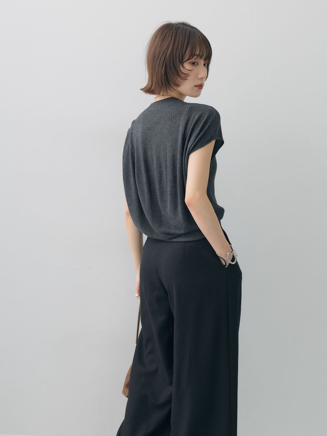 [予約]ボトルネックフロントリブニットトップス/gray