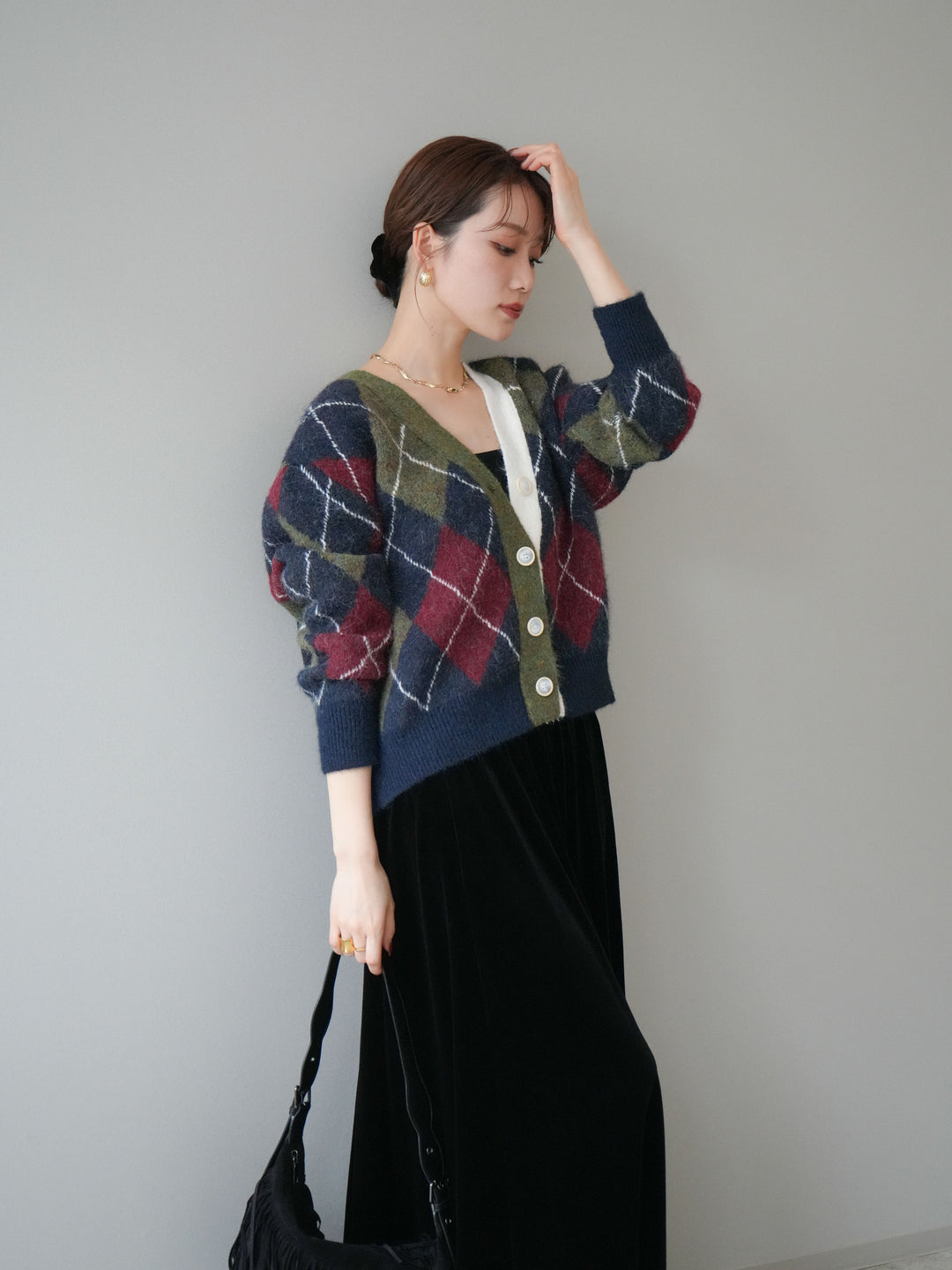[予約]配色アーガイル柄ニットカーディガン/green