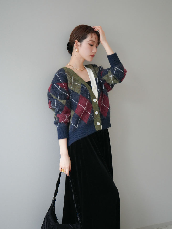 [予約]配色アーガイル柄ニットカーディガン/green