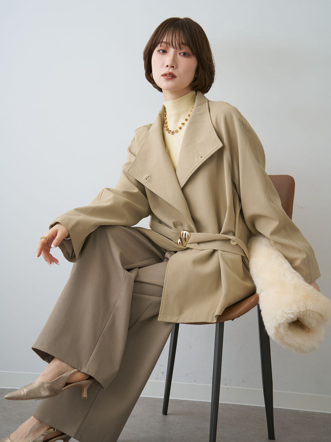 [予約]メタルモチーフレザータッチアシメジャケット/beige