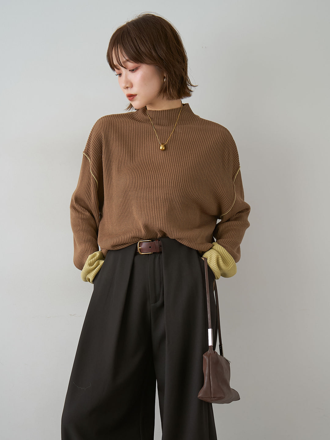 [予約]バイカラーモックネックリブニットトップス/brown