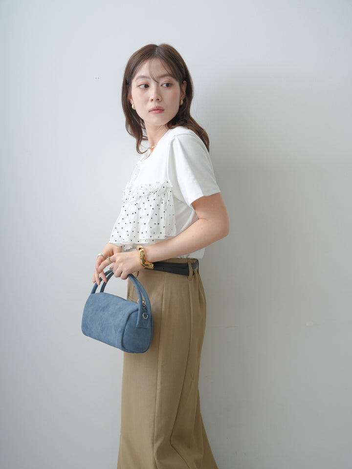 [SET]ドットギャザーフリルデザインTEE+クレープデシンフラップ付きストレートスカート(2set)