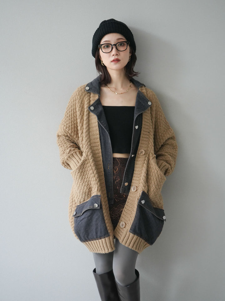 [予約]デニム襟レイヤードニットジャケット/beige