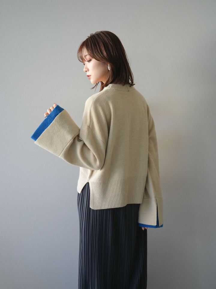 [予約]袖レイヤード配色ニットプルオーバー/ivory