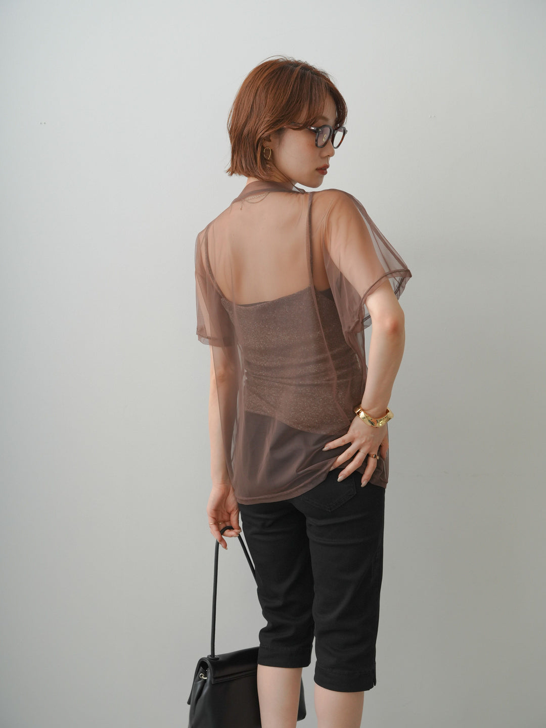 [予約]インナーキャミ付シアーオーバーTEE/mocha