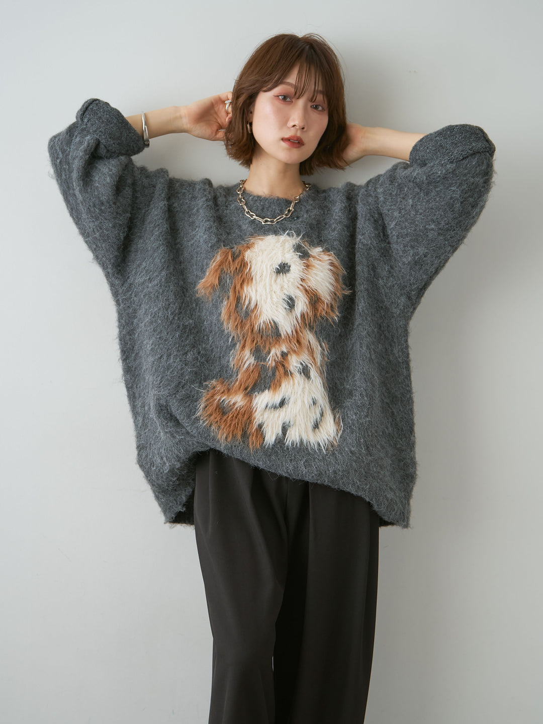 [予約]シャギードッグモチーフニットトップス/gray