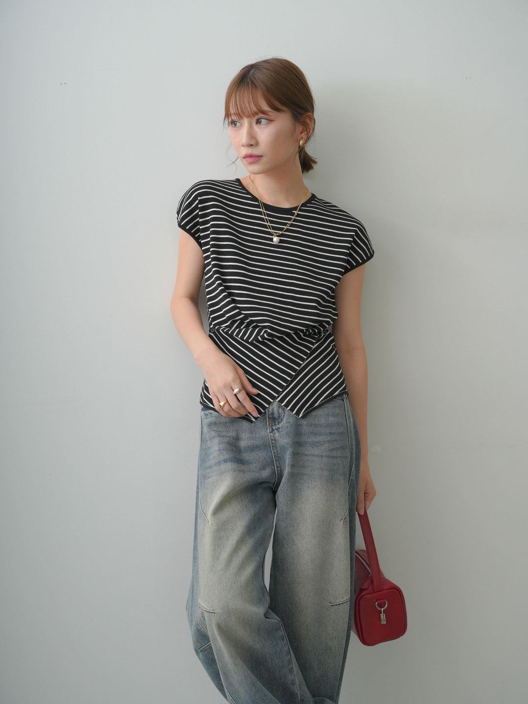 [SET]ヘムクロスデザインニット+ベルト付カーブデニムパンツ(2set)