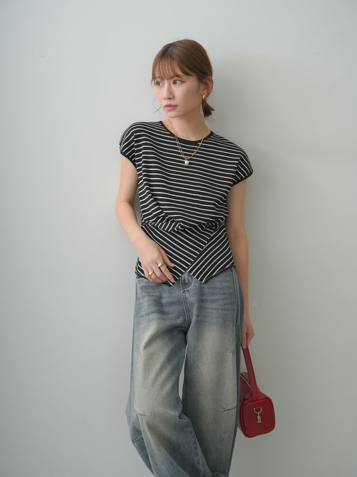 [SET]ヘムクロスデザインニット+ベルト付カーブデニムパンツ(2set)