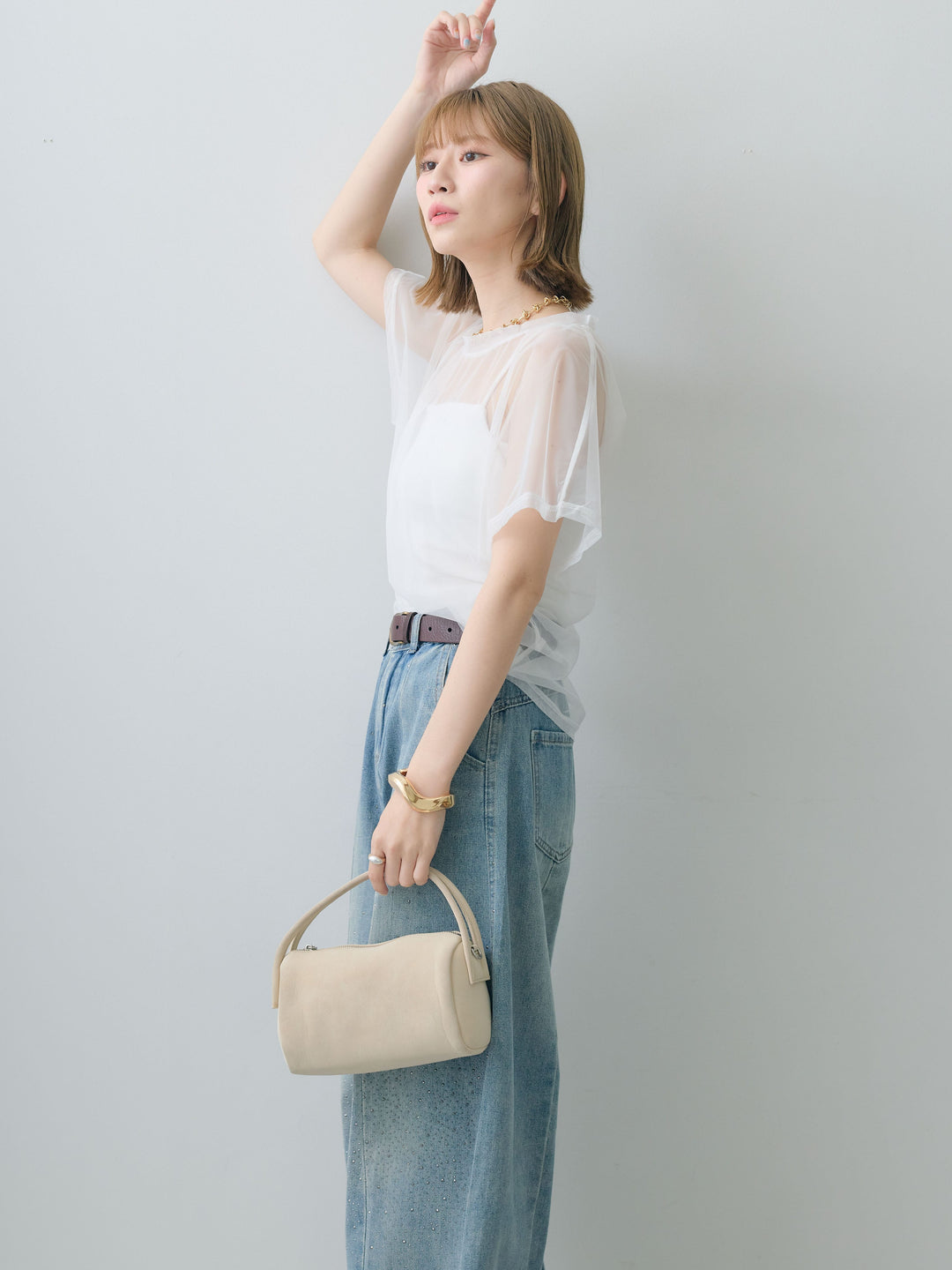 [SET]インナーキャミ付シアーオーバーTEE+フロントビジューカーブデニムパンツ(2set)