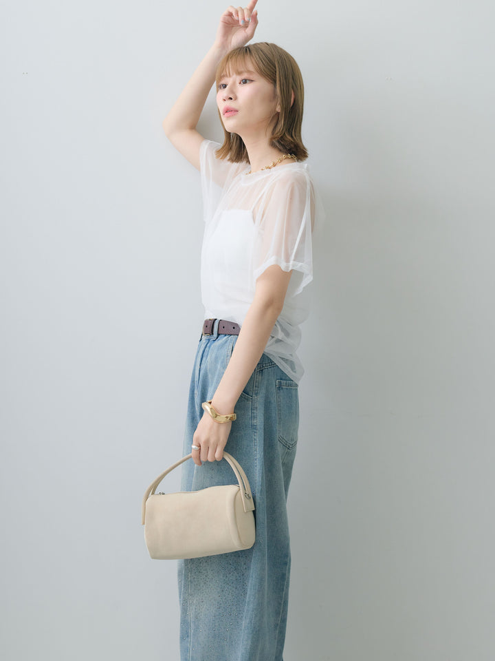 [SET]インナーキャミ付シアーオーバーTEE+フロントビジューカーブデニムパンツ(2set)