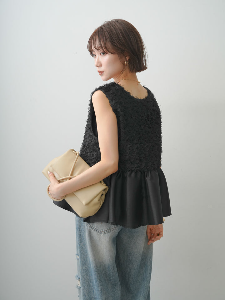 [SET]ジャガード×サテンペプラムフレアノースリトップス+ダメージデニムセミワイドパンツ(2set)