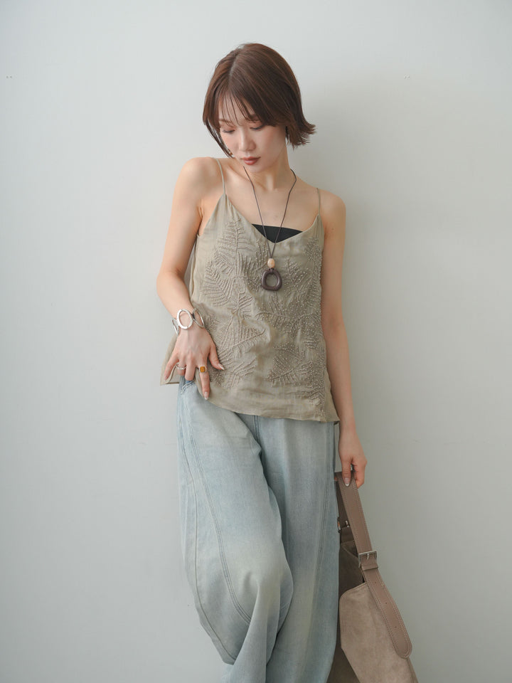 【套裝】棕櫚珠刺繡吊帶背心+輕薄復古風牛仔褲（兩件套）