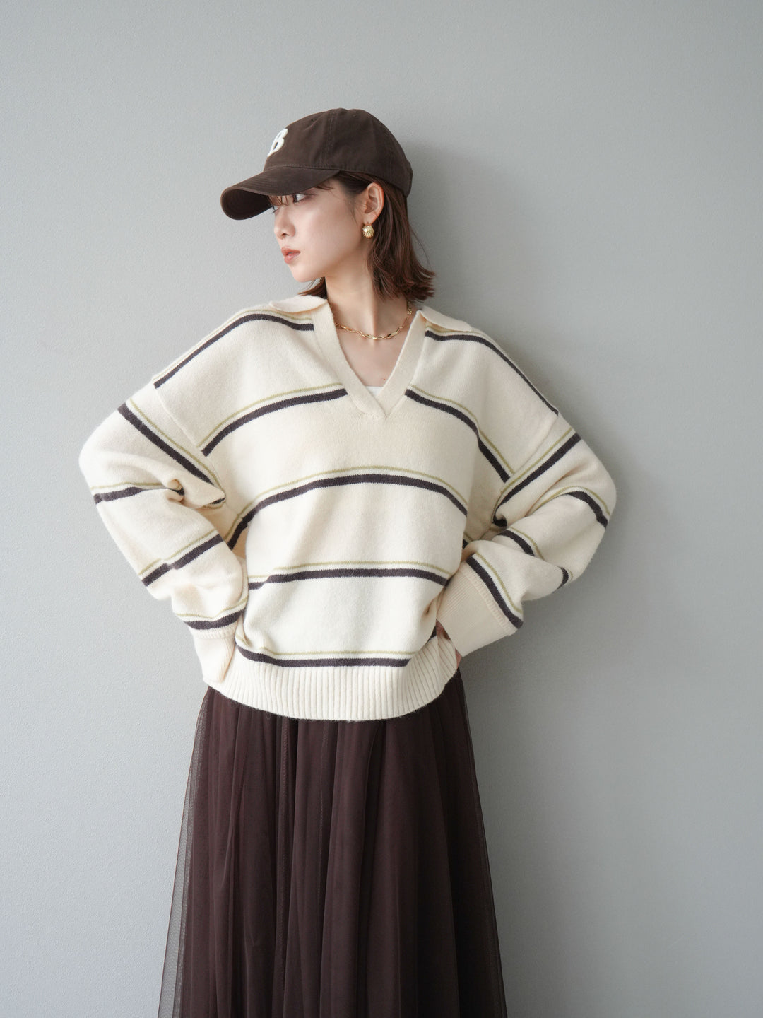 [SET]ポロ襟スキッパーボーダーニットプルオーバー+チュールボリュームスカート(2set)