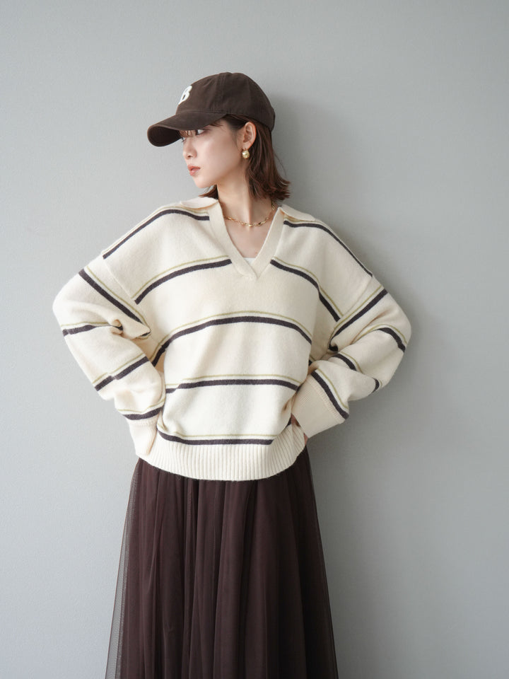 [SET]ポロ襟スキッパーボーダーニットプルオーバー+チュールボリュームスカート(2set)