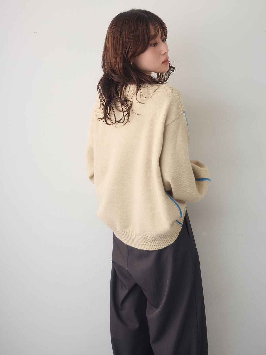 [SET]アルパカタッチサイドバイカラーニットプルオーバー+ツイルタックワイドパンツ(2set)
