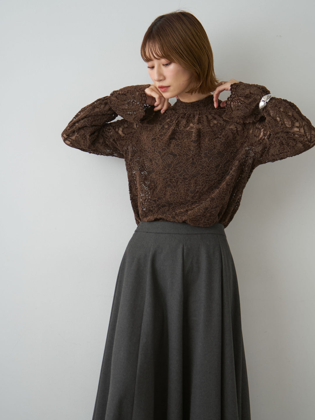 [予約]ベロアレースバックリボンブラウス/brown