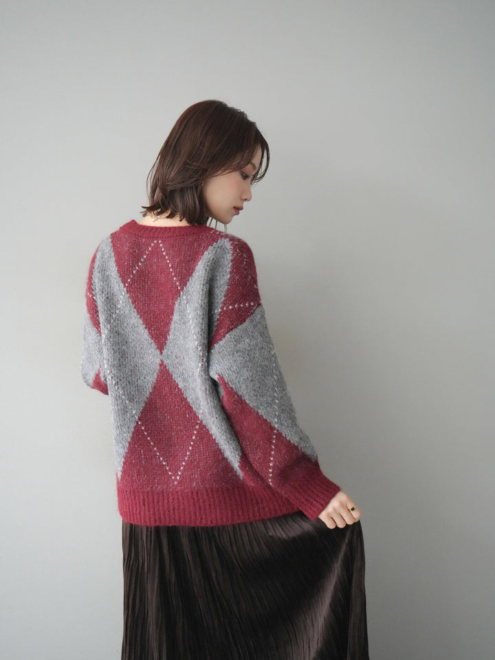 [予約]アーガイルオーバーニットプルオーバー/bordeaux