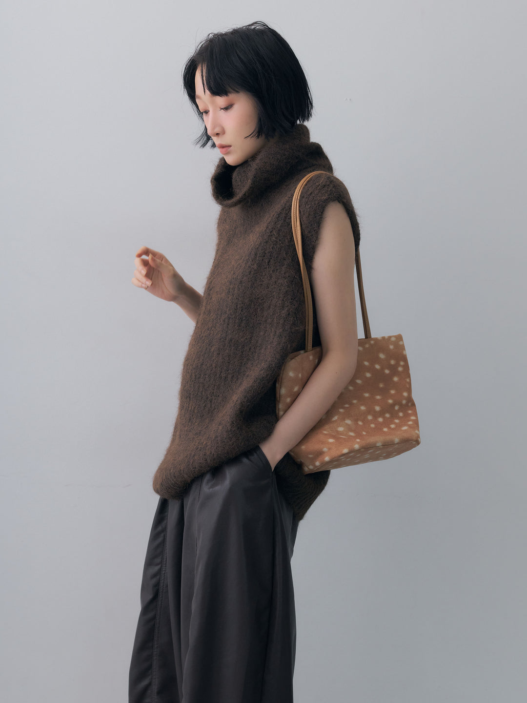 [予約]ハイネックシャギーオーバーニットベスト/brown