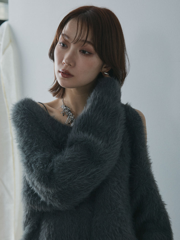 【Allure】[SET]ショルダースリットシャギーニットプルオーバー+スカーフ付ワイドパンツ(2set)