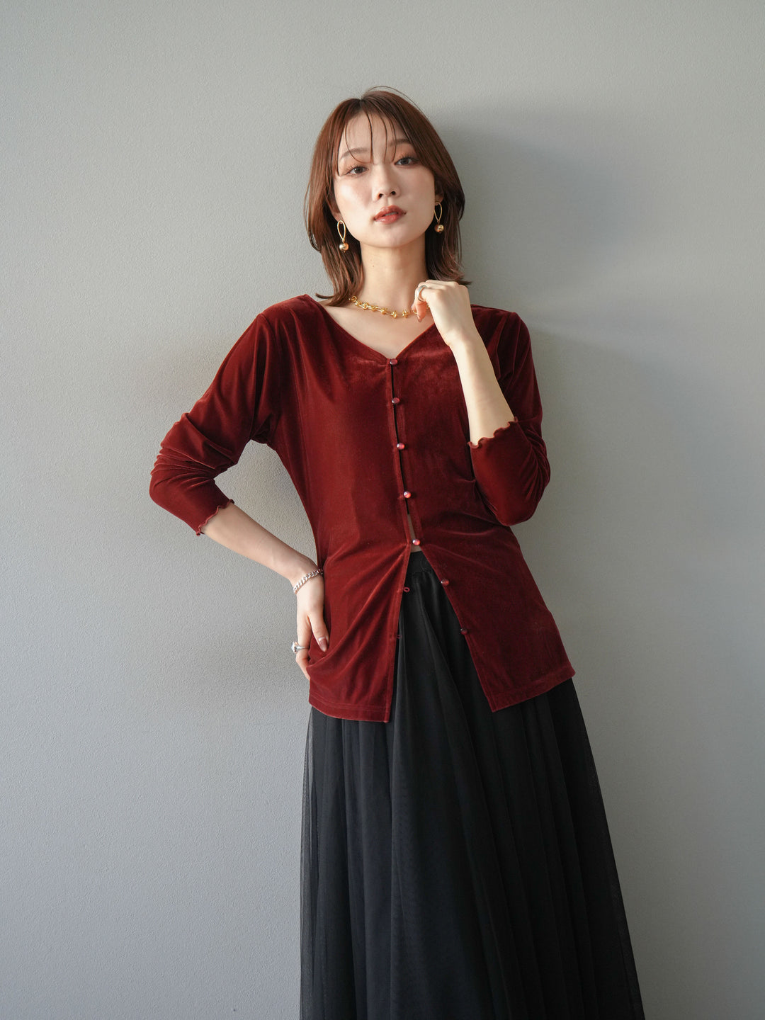 [予約]ベロアカーディガン/bordeaux