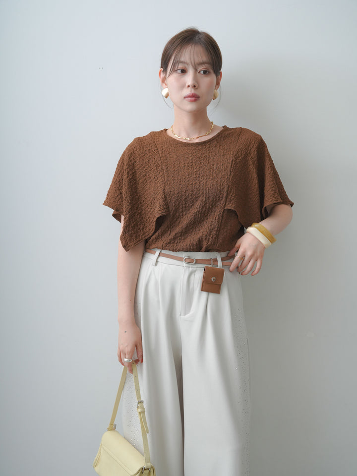 [SET]フクレジャガードケープスリーブトップス+ポーチベルト付サイドビジュータックワイドパンツ(2set)