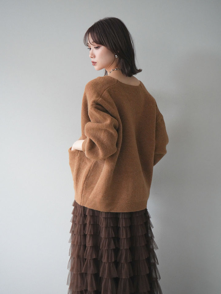 [預訂] 大口袋拉鍊針織開襟衫/駝色