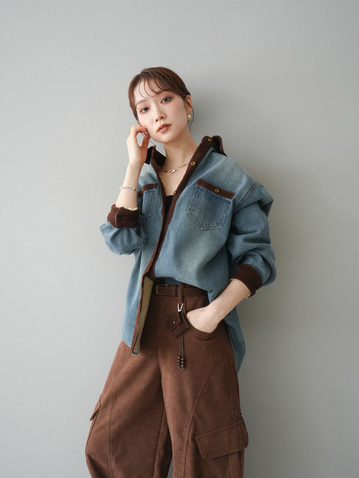 [予約]裏起毛コーデュロイ襟デニムシャツジャケット/ blue