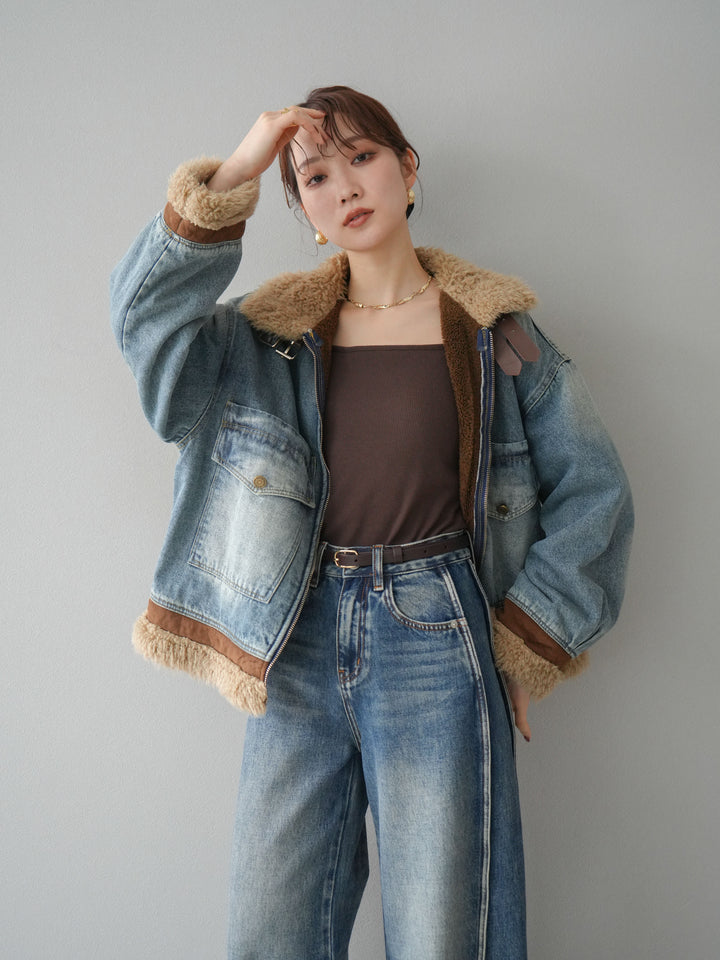 [予約]スタンドカラーファー×デニムジャケット/lightblue