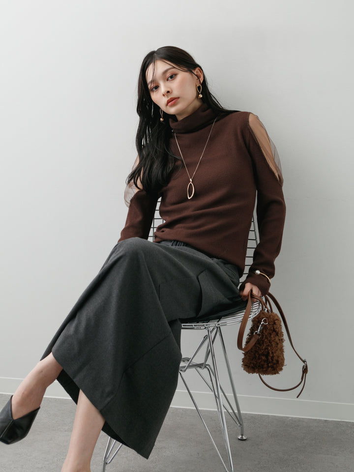 [予約]ショルダーチュールハイネックニットトップス/brown