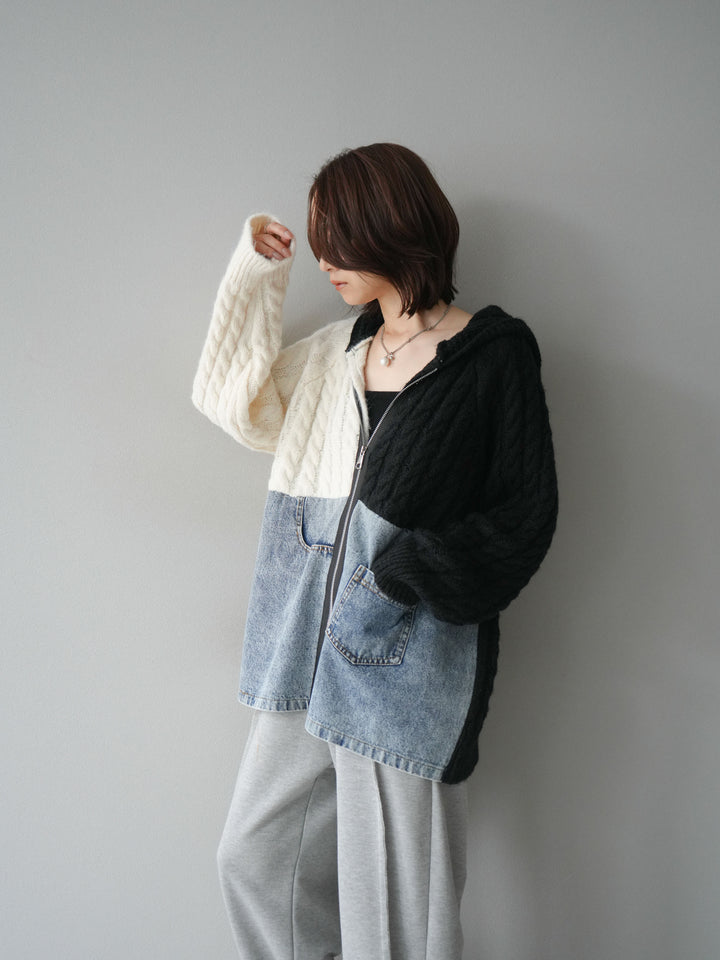 [予約]デニム×バイカラーニットZIPフーディ/black