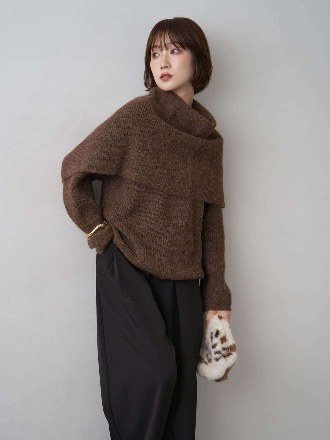 [SET]ケープドッキングデザインリブクルーネックニットトップス+ベルトループデザインワイドパンツ(2set)