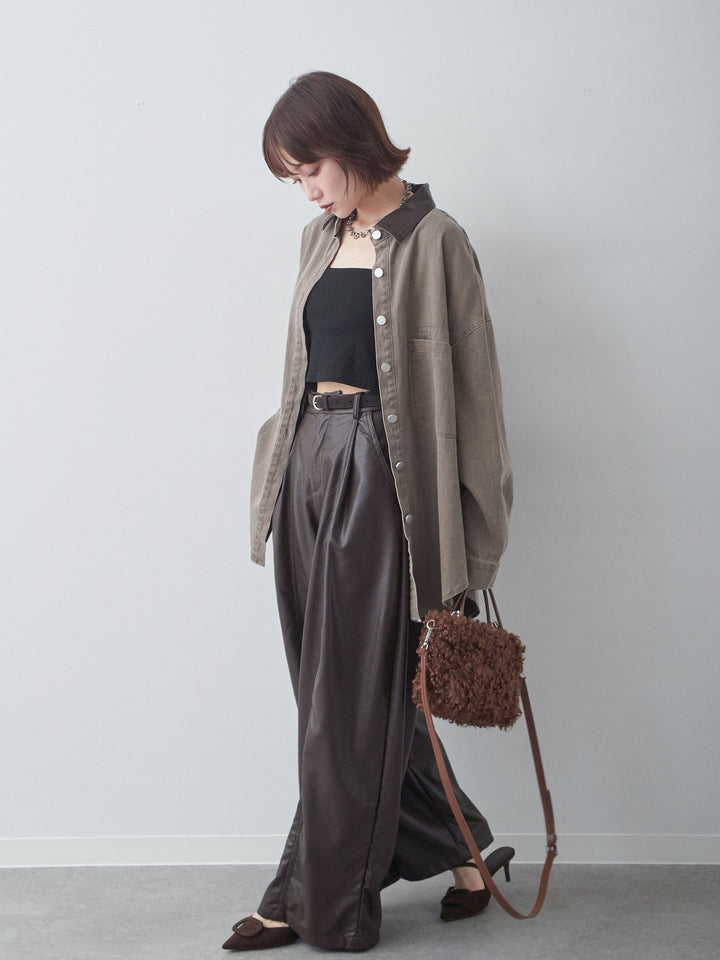 [SET]レザーカラーデザインポケットオーバーシャツ+フェイクレザーワイドパンツ(2set)
