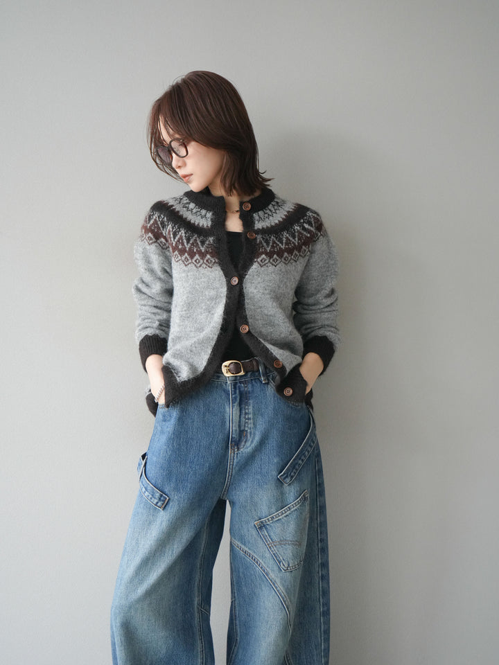 [SET]ノルディック柄ニットカーディガン+ペインターカーブデニムパンツ(2set)